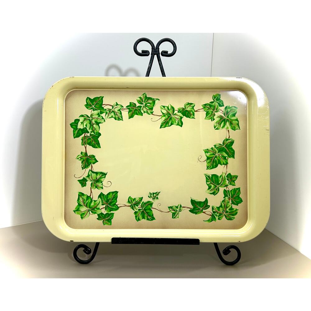 MCM Metal Lap / Serving Trays - Set of VTG Yellow with Green Ivy Vine Border